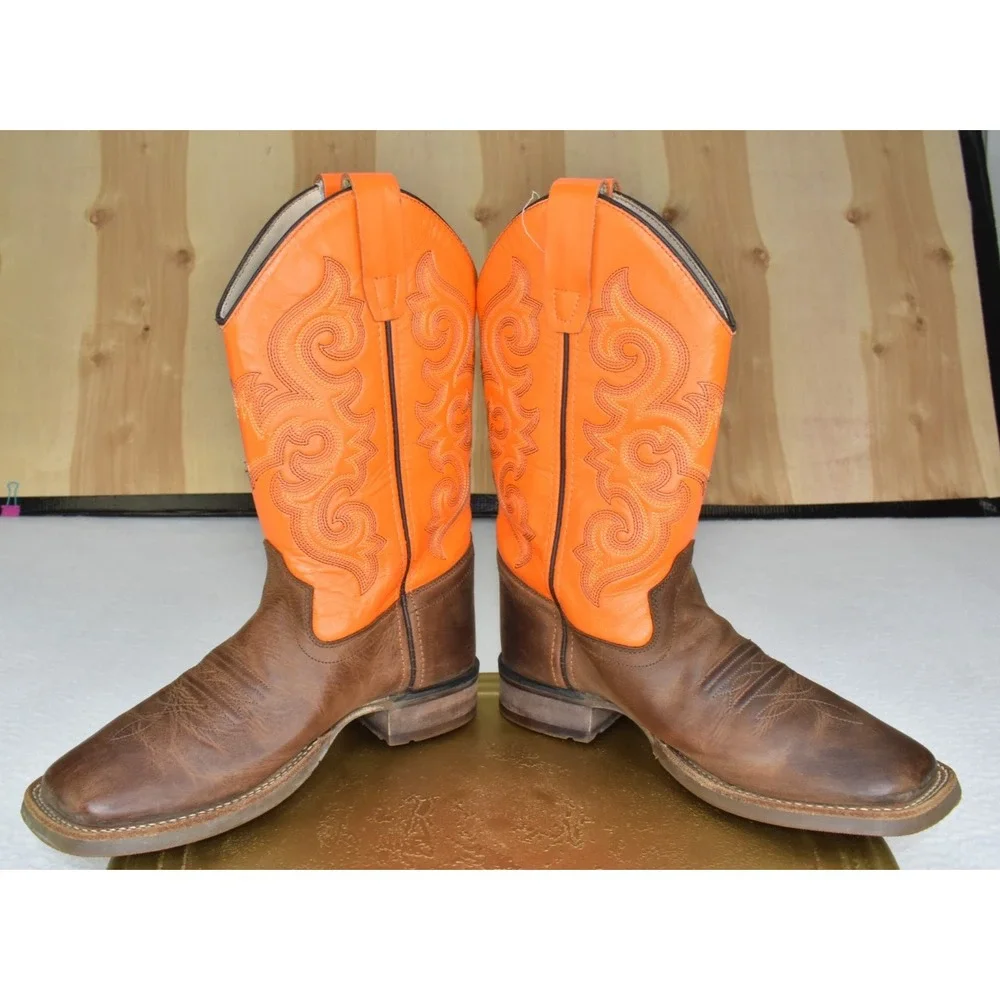 Old West Unisex Youth Boots Size 3.5 D Western Brown/Orange Embroidered